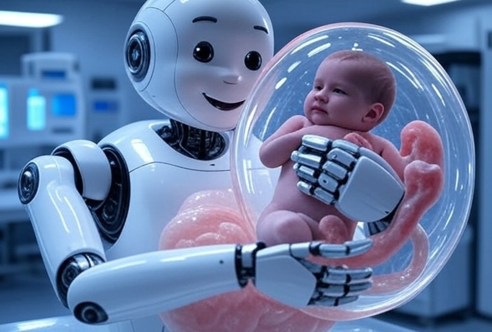 Ilustración conceptual de un robot humanoide con útero artificial integrado.